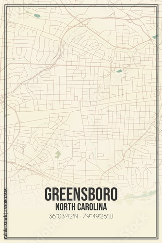 Retro US city map of Greensboro, North Carolina. Vintage street map.