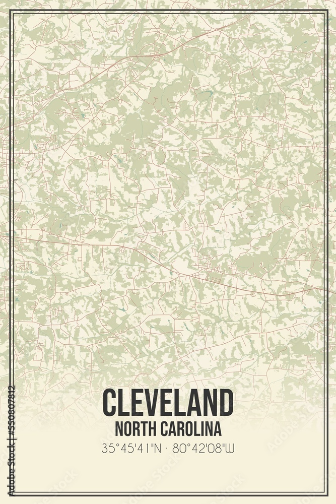 Retro US city map of Cleveland, North Carolina. Vintage street map.