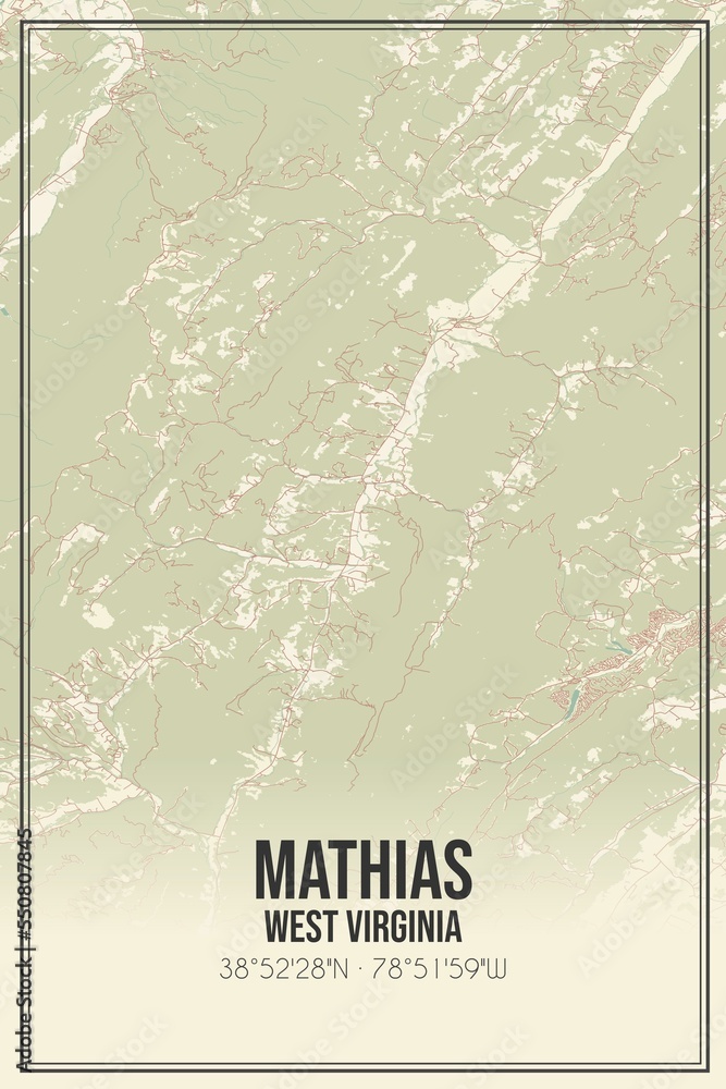 Retro US city map of Mathias, West Virginia. Vintage street map. Stock