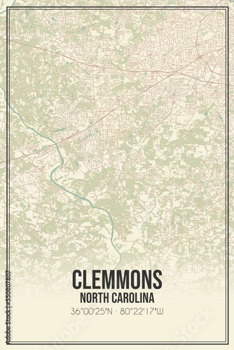 Retro US city map of Clemmons, North Carolina. Vintage street map. photo