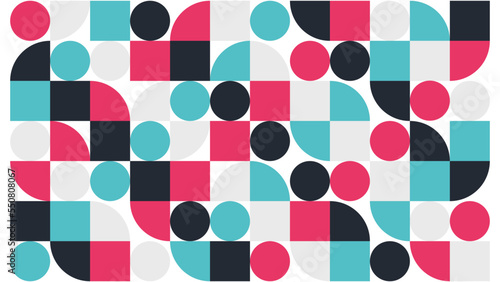 Background with a collection of circles and squares arranged randomly in red, black, turquoise blue, and broken white.