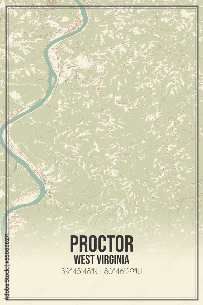 Obraz premium Retro US city map of Proctor, West Virginia. Vintage street map.