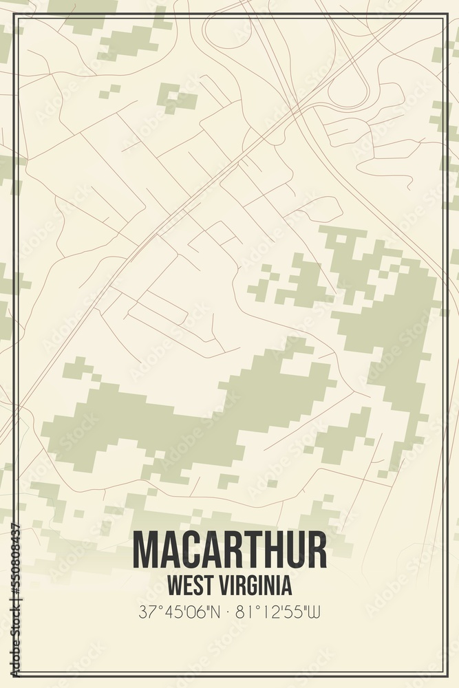 Retro US city map of MacArthur, West Virginia. Vintage street map.