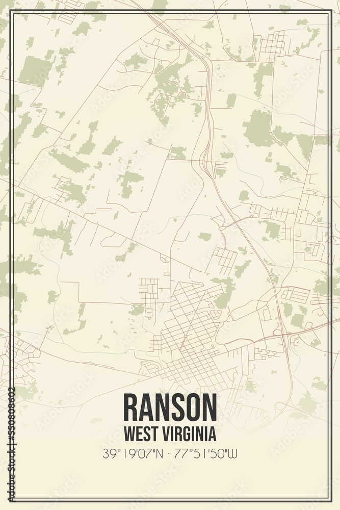 Retro US city map of Ranson, West Virginia. Vintage street map.