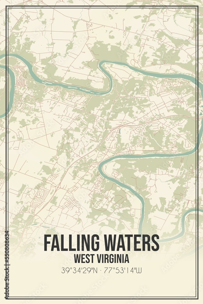 Retro US city map of Falling Waters, West Virginia. Vintage street map