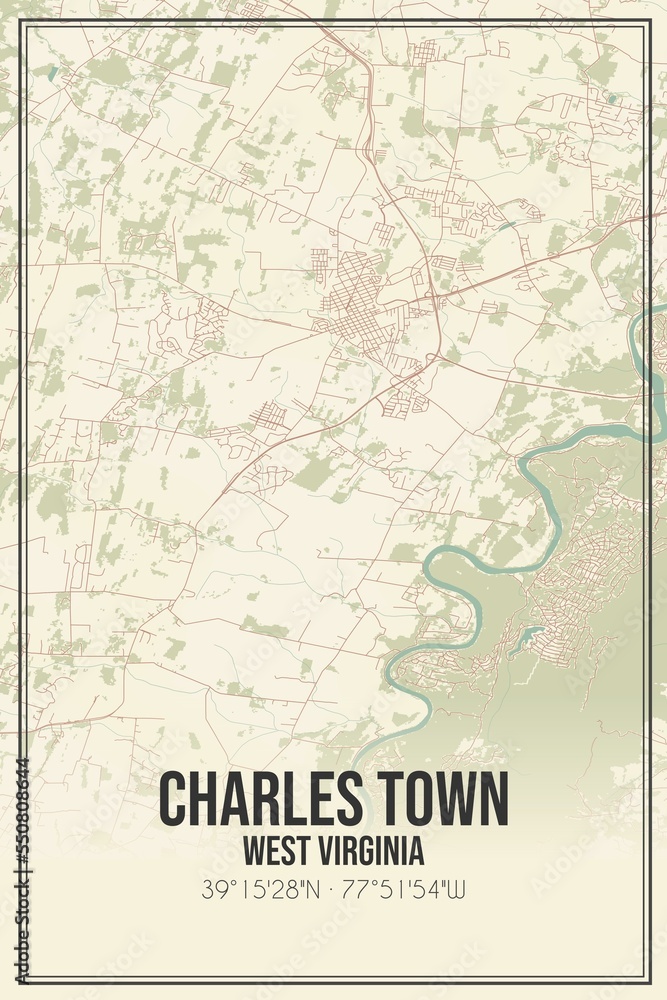 Retro US city map of Charles Town, West Virginia. Vintage street map.