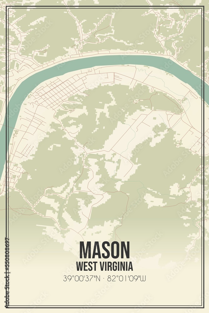 Retro US city map of Mason, West Virginia. Vintage street map.