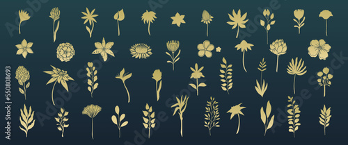 Gold plants and flowers, cutout glyph set vector illustration. Golden silhouettes of leaf foliage for bouquet, luxury exotic floral decoration and botanical elegant elements from gold metal foil