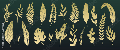 Gold leaf and herb, cutout glyph icons set vector illustration. Golden silhouettes of palm tree leaves and tropical plants, metal foil floral elements for luxury ornament, gold fashion decoration