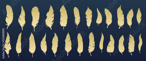Gold boho feathers, cutout glyph icons set vector illustration. Golden silhouettes of birds plumes, bohemian stylized feathers with beautiful soft glitter in decorative artistic fashion collection