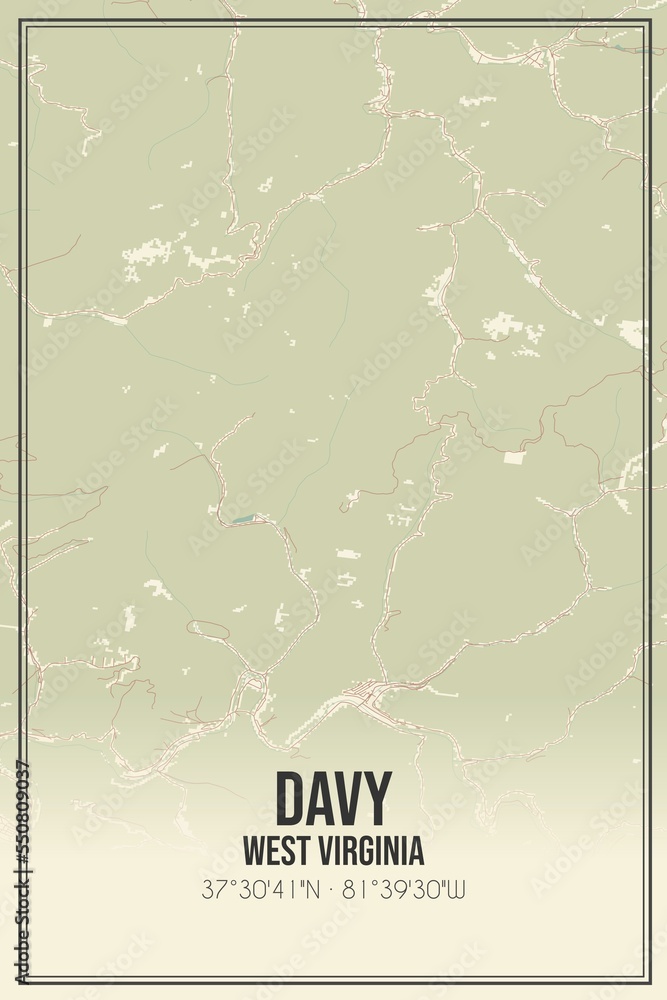 Retro US city map of Davy, West Virginia. Vintage street map. Stock