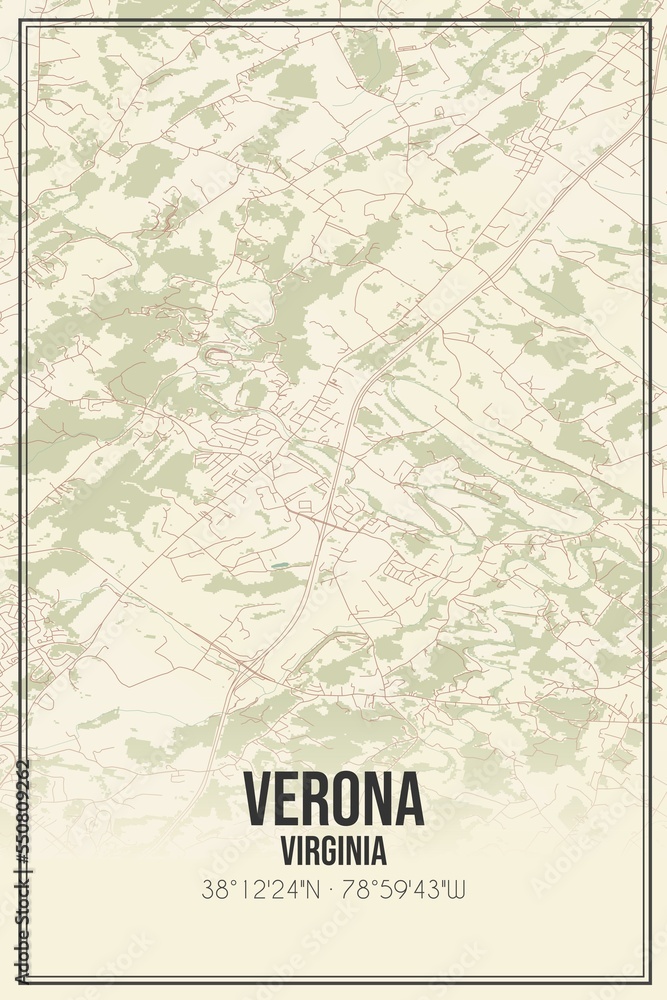 Retro US city map of Verona, Virginia. Vintage street map.