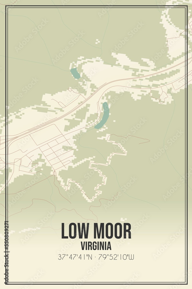 Retro US city map of Low Moor, Virginia. Vintage street map.