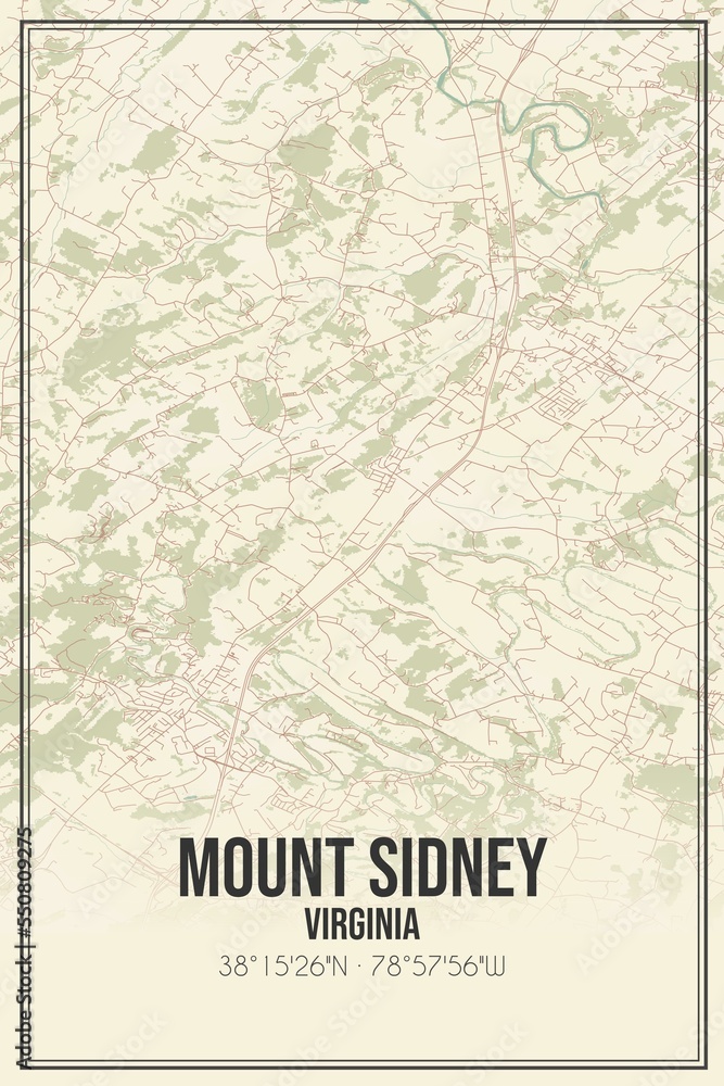 Retro US city map of Mount Sidney, Virginia. Vintage street map.