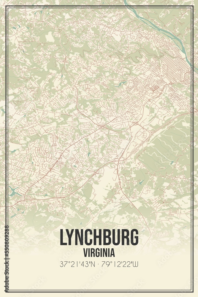 Retro US city map of Lynchburg, Virginia. Vintage street map.