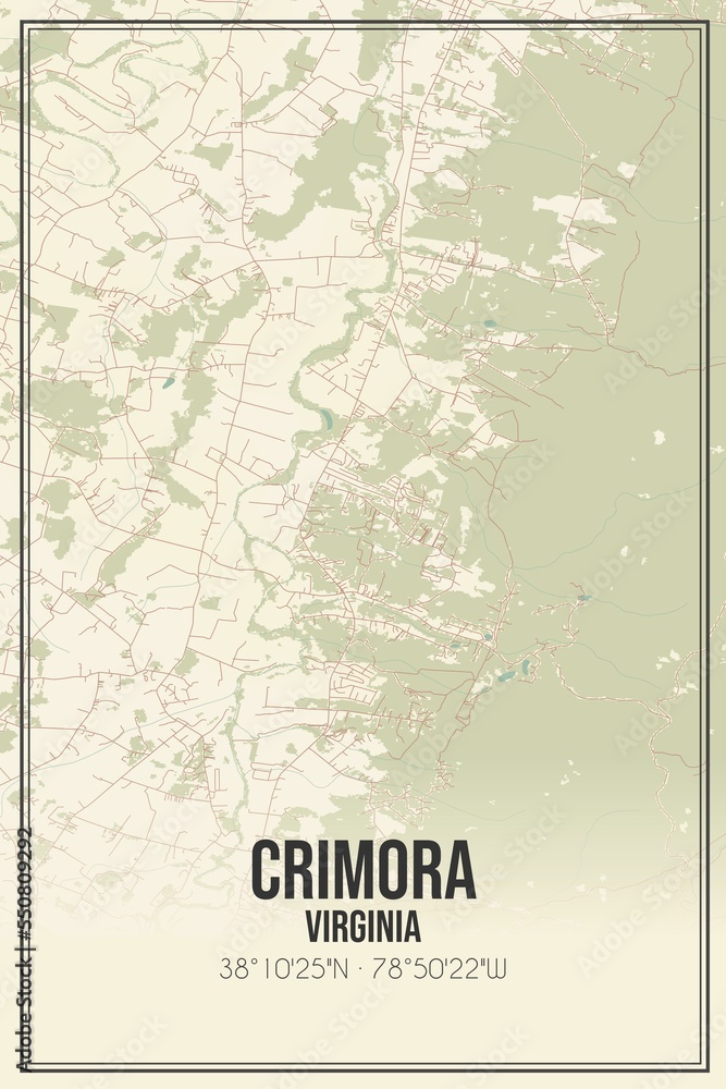 Retro US city map of Crimora, Virginia. Vintage street map.