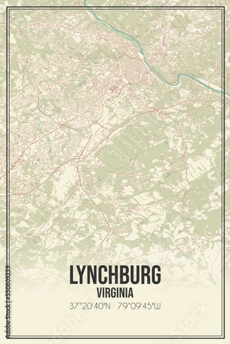 Retro US city map of Lynchburg, Virginia. Vintage street map. photo