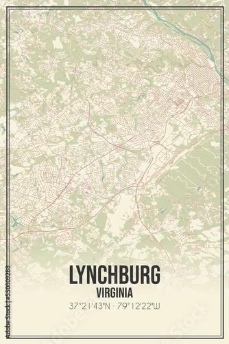 Obraz na płótnie Retro US city map of Lynchburg, Virginia. Vintage street map. w salonie