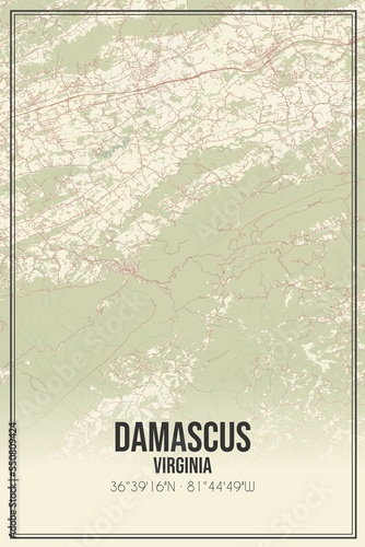 Retro US city map of Damascus, Virginia. Vintage street map. photo