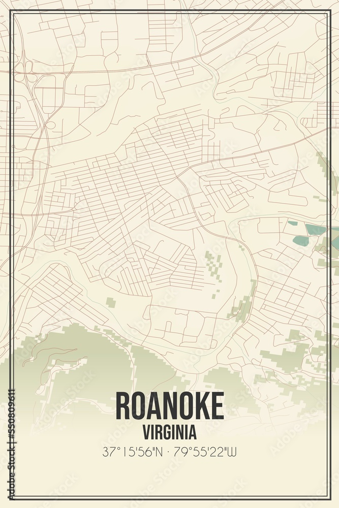 Retro US city map of Roanoke, Virginia. Vintage street map.