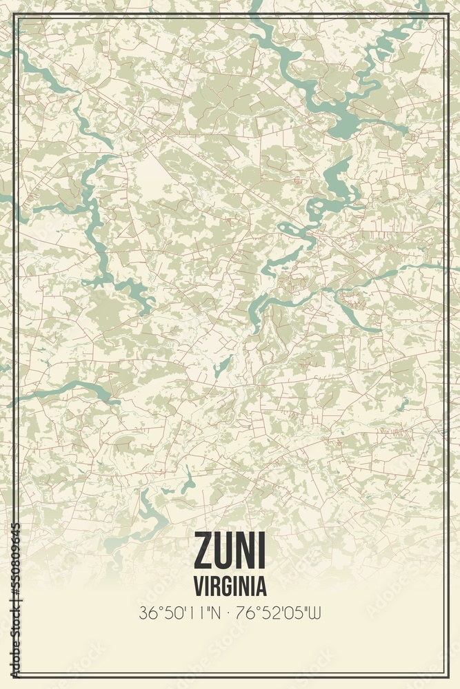 Retro US city map of Zuni, Virginia. Vintage street map.