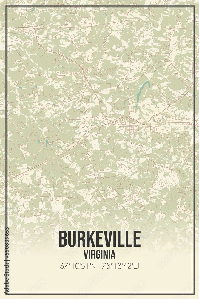 Retro US city map of Burkeville, Virginia. Vintage street map.