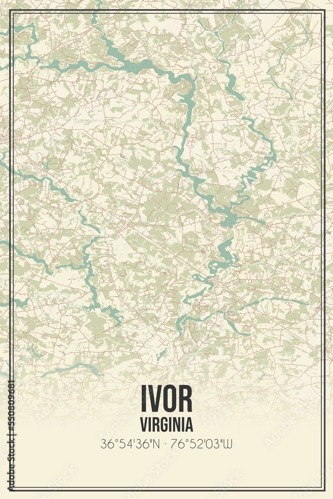 Retro US city map of Ivor, Virginia. Vintage street map.