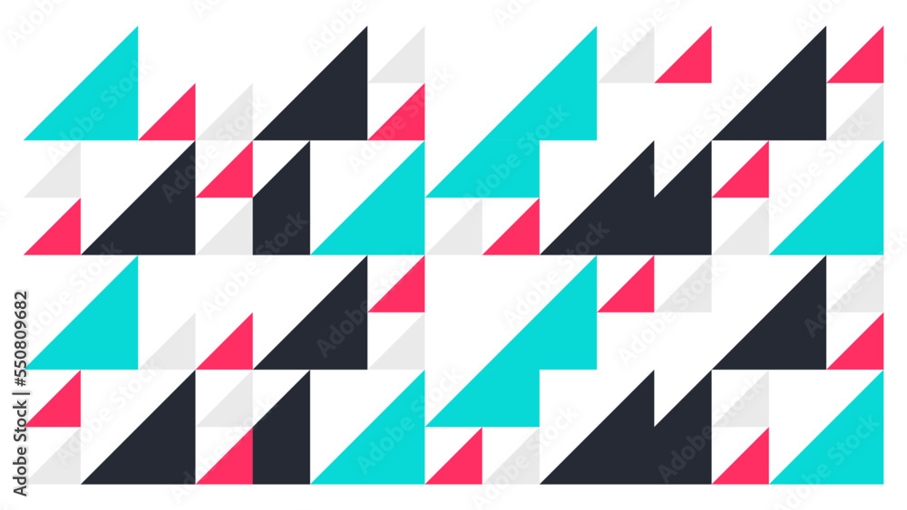 The background is a geometric pattern in red, bone white, black, and turquoise pastel colors. 
