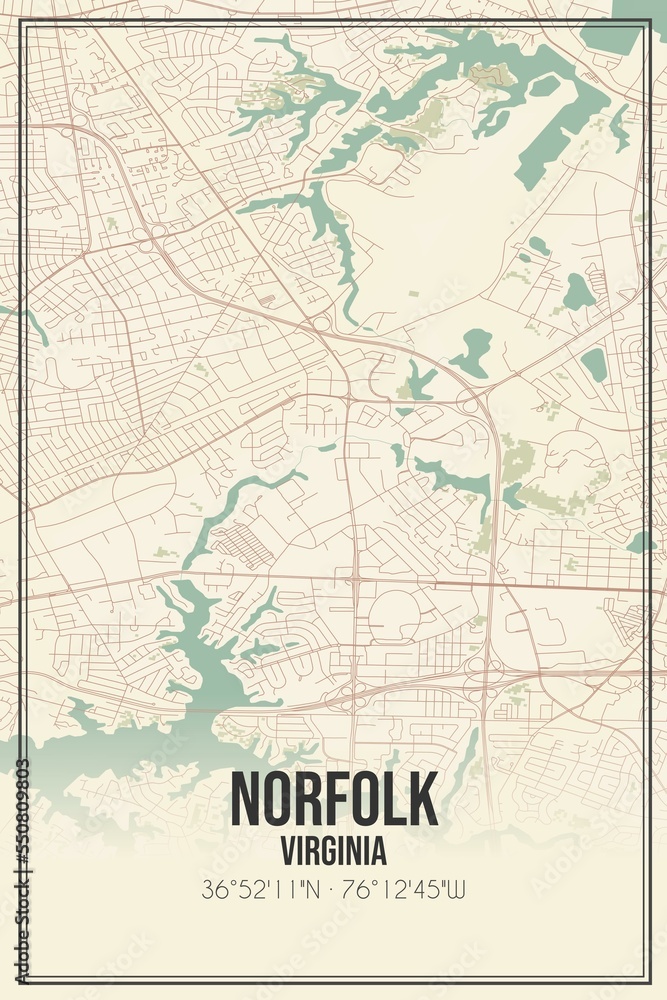Retro US city map of Norfolk, Virginia. Vintage street map.