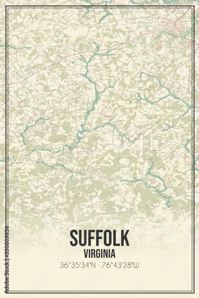 Retro US city map of Suffolk, Virginia. Vintage street map.