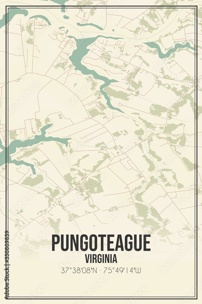 Retro US city map of Pungoteague, Virginia. Vintage street map.