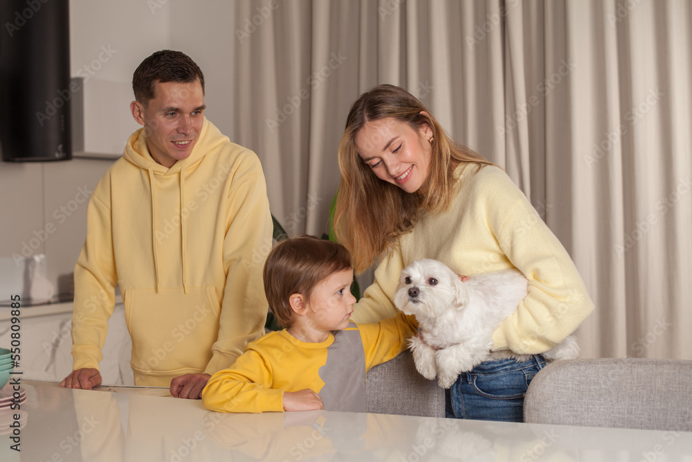 Parents in yellow clothes, mom and dad with child son and little white dog Parents in yellow clothes, mom and dad with child son and little white dog