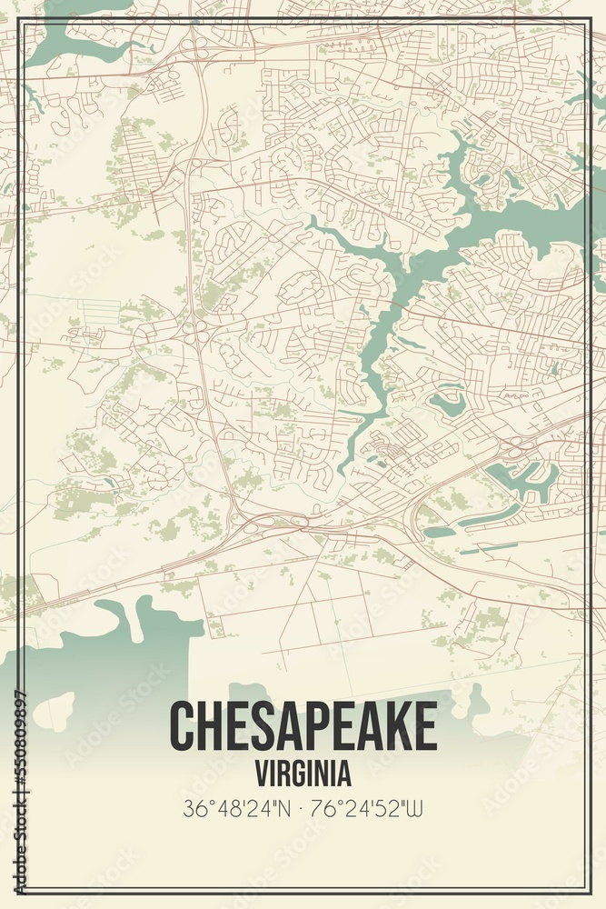 Retro US city map of Chesapeake, Virginia. Vintage street map.