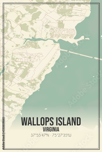 Retro US city map of Wallops Island, Virginia. Vintage street map.