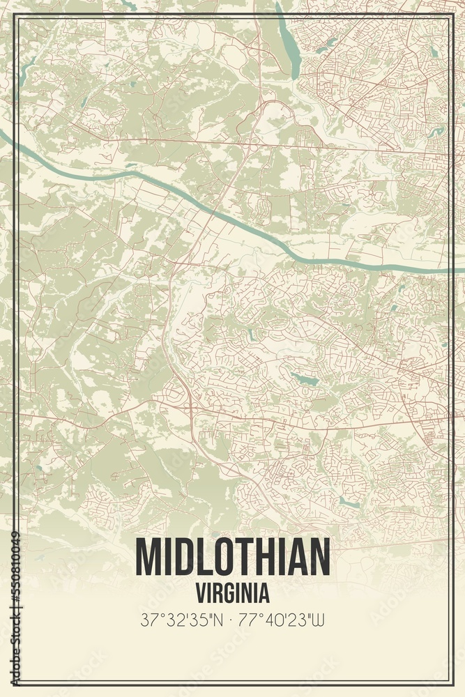 Obraz premium Retro US city map of Midlothian, Virginia. Vintage street map.