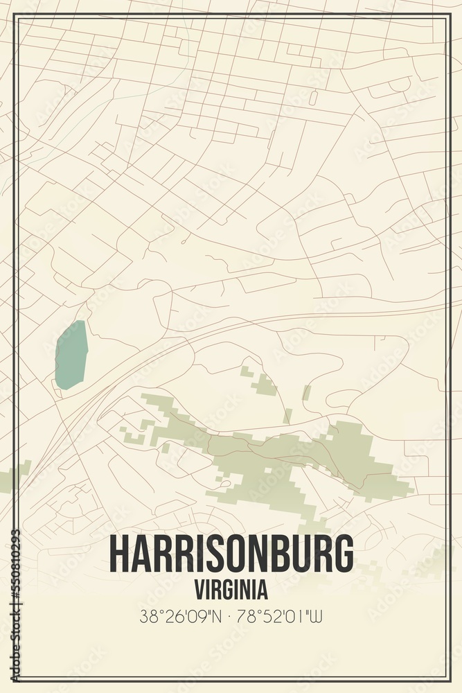 Obraz premium Retro US city map of Harrisonburg, Virginia. Vintage street map.