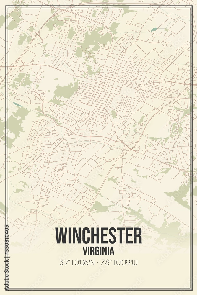 Retro US city map of Winchester, Virginia. Vintage street map.
