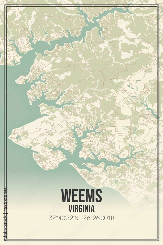 Retro US city map of Weems, Virginia. Vintage street map.