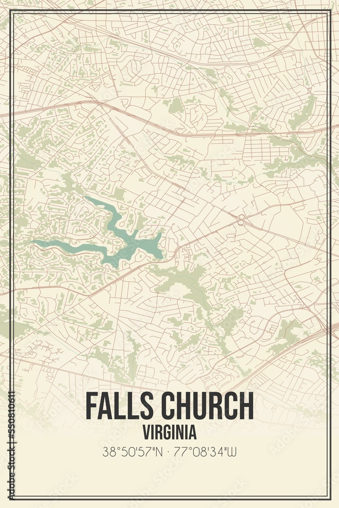 Retro US city map of Falls Church, Virginia. Vintage street map.