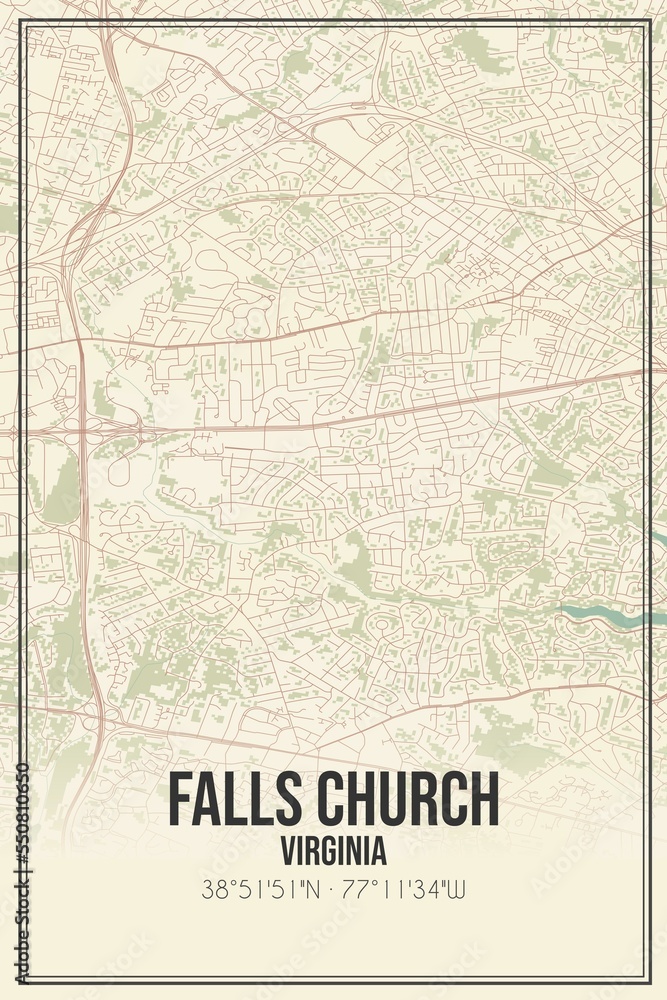 Retro US city map of Falls Church, Virginia. Vintage street map.