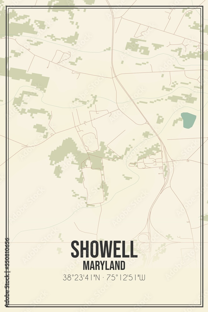 Retro US city map of Showell, Maryland. Vintage street map.