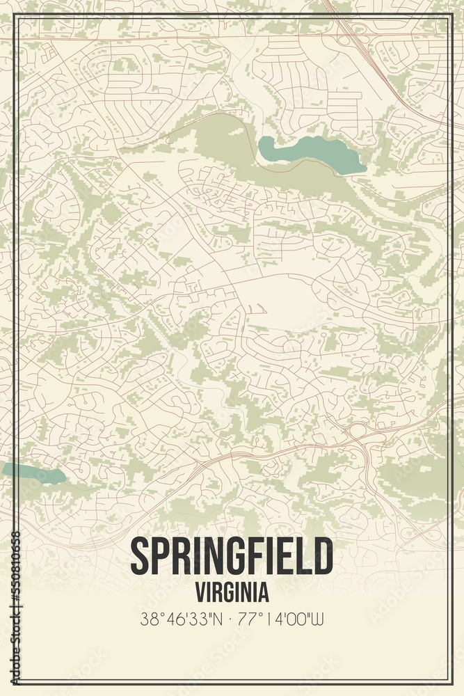 Retro US city map of Springfield, Virginia. Vintage street map.