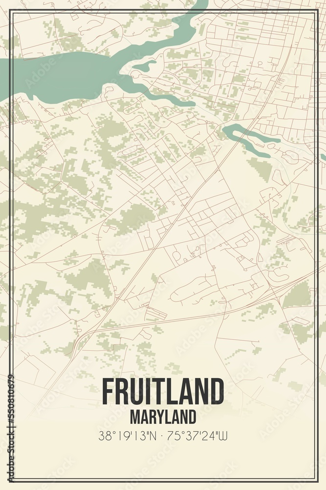 Retro US city map of Fruitland, Maryland. Vintage street map.