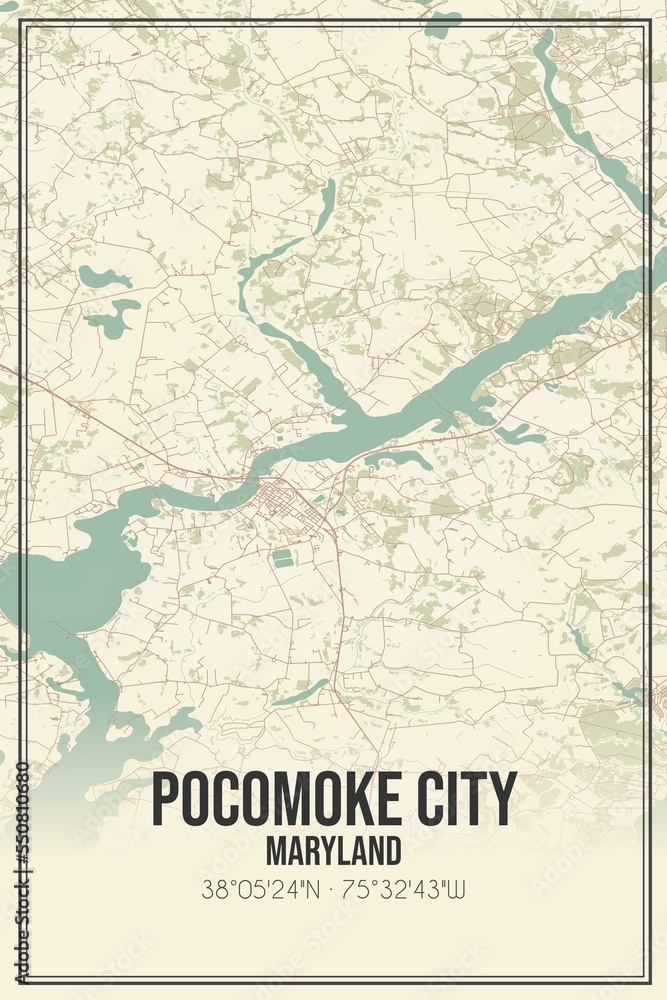 Retro US city map of Pocomoke City, Maryland. Vintage street map.