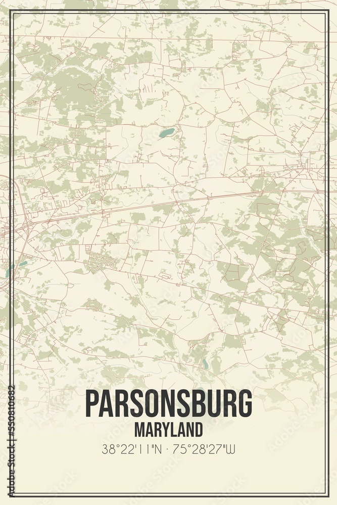 Retro US city map of Parsonsburg, Maryland. Vintage street map.