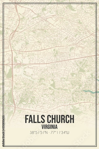 Retro US city map of Falls Church, Virginia. Vintage street map. © Rezona