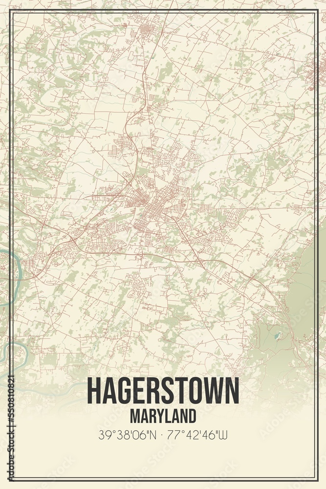 Retro US city map of Hagerstown, Maryland. Vintage street map.