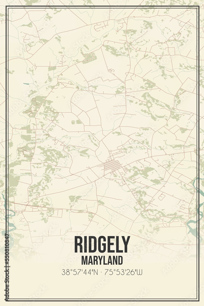 Retro US city map of Ridgely, Maryland. Vintage street map.