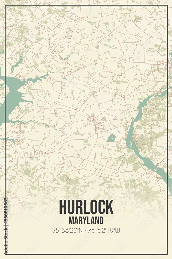 Retro US city map of Hurlock, Maryland. Vintage street map.