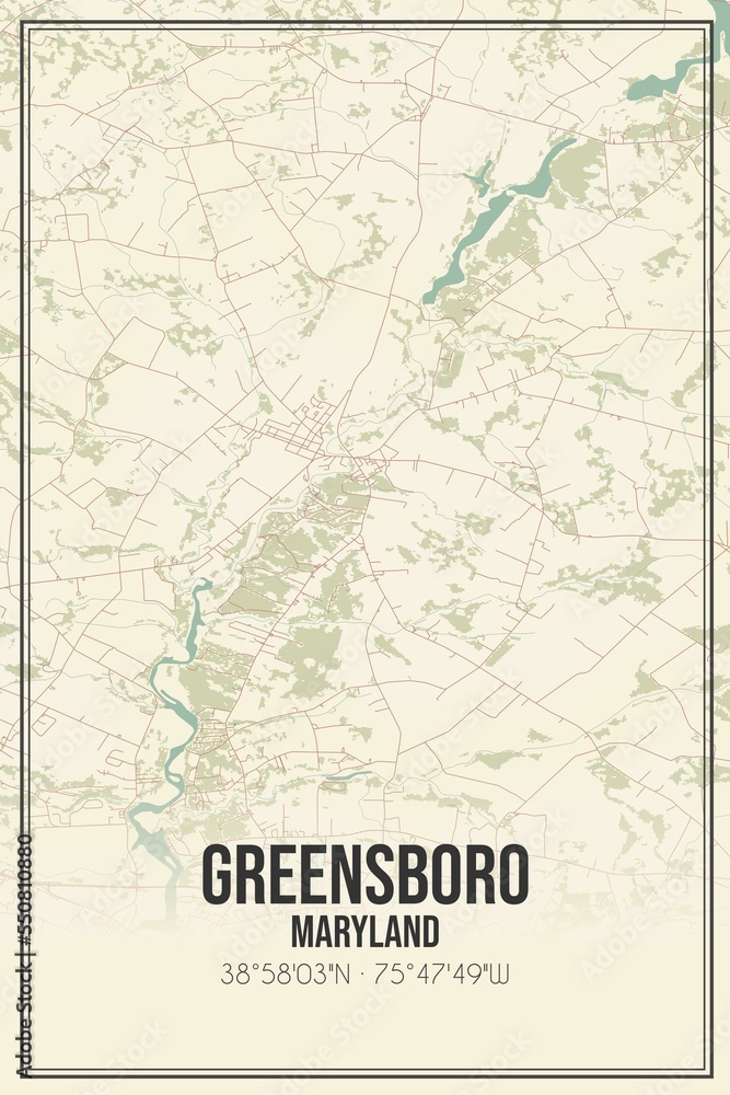 Retro US city map of Greensboro, Maryland. Vintage street map.